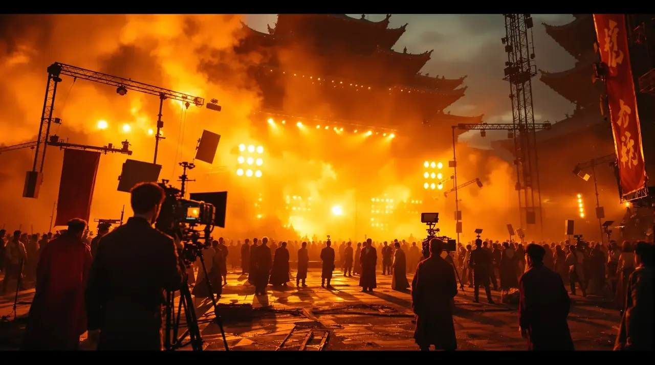 星星视频城摄影棚全景，古风宫殿与片场灯光交相辉映